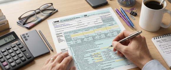 Person completing IRS Form 1040 at desk, comparing the best tax filing services including TurboTax before filing