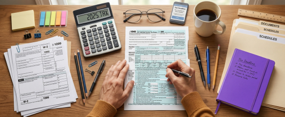 Hands filling out IRS Form 1040 on a desk with calculator, W-2, 1099, and tax deadline notebook