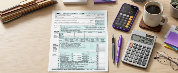 IRS Form 1040 for 2025 laid flat on a desk next to a calculator, smartphone, pen, glasses, and coffee