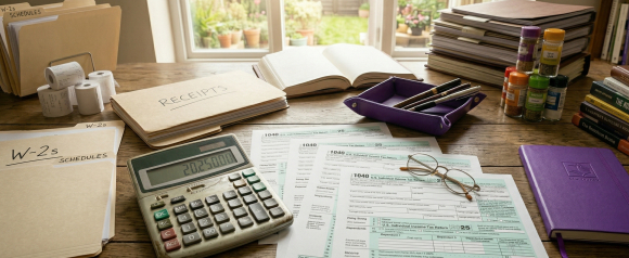 Cluttered desk covered with multiple IRS Form 1040 tax returns, a calculator, W-2 folders, and a receipts binder during tax season