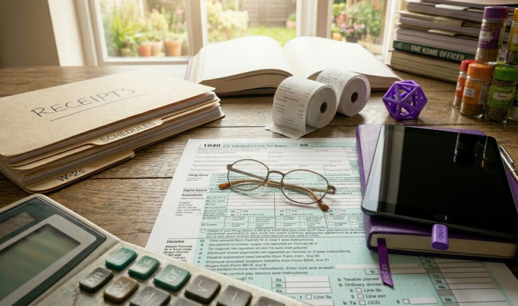 IRS Form 1040 tax return laid out on a wooden desk with reading glasses, W-2 and receipts folders, receipt rolls, and a calculator