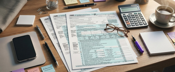Multiple IRS Form 1040 documents spread across a desk with glasses, calculator, pens, sticky notes, and coffee
