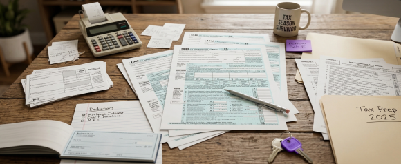 Cluttered desk with multiple Form 1040s, W-2, Schedule C, deductions checklist, checkbook, keys, and a Tax Season Survivor mug