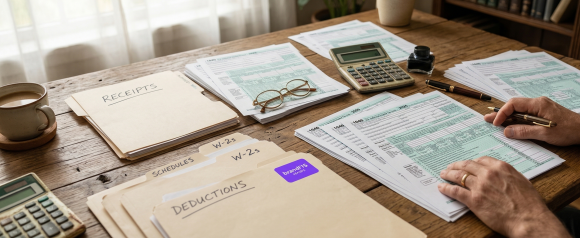 Hands reviewing Form 1040 on a wooden desk with labeled folders for Deductions, W-2s, Schedules, and Receipts
