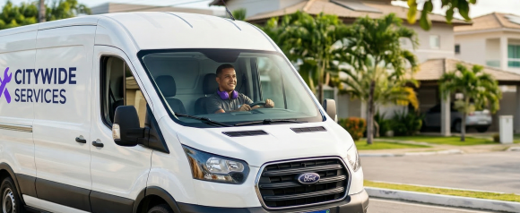 Service van driver smiling while on route, representing real-time vehicle tracking with Mojio GPS fleet management