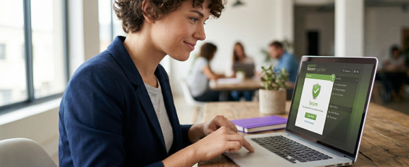 Smiling woman in a blue blazer using a laptop running Webroot SecureAnywhere antivirus software showing a green Secure status screen