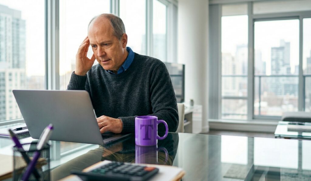 Middle-aged man sitting at a glass desk with a laptop, resting his hand on his temple with a concerned expression while reviewing back taxes