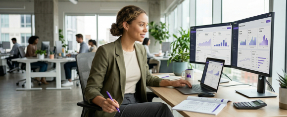 Professional woman in a green blazer reviewing financial dashboards with sales charts and graphs on dual monitors in a busy modern open office