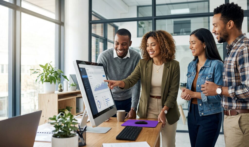 Four smiling colleagues in a modern office gathered around a desktop monitor displaying a business analytics dashboard, with one woman pointing at the screen