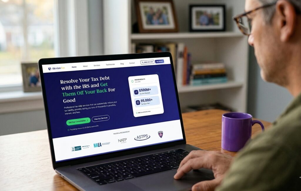 Man with glasses reviewing the Alleviate Tax website on a laptop showing $500M in resolved debt and BBB Accredited Business badge