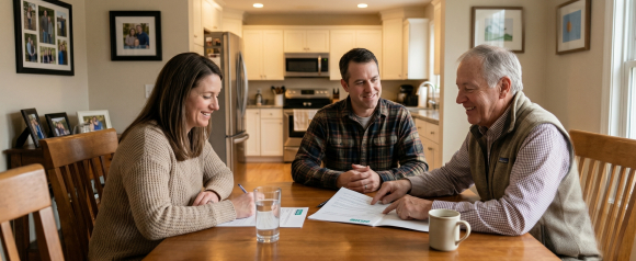Smiling couple signing Amica life insurance documents with a friendly agent at their dining room table
