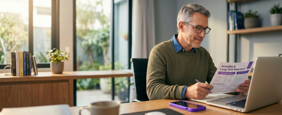 Middle-aged man with glasses reviewing an Annuities and Long-Term Insurance document at his home office desk with a laptop and coffee mug nearby