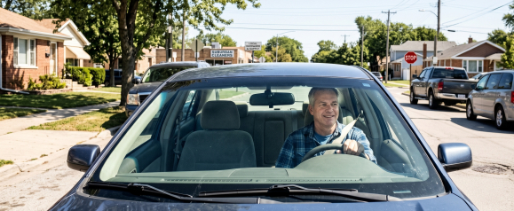 Smiling middle-aged man driving a dark sedan through a sunny suburban neighborhood street