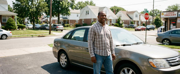 Smiling man in a plaid shirt standing next to a silver sedan on a sunny suburban street