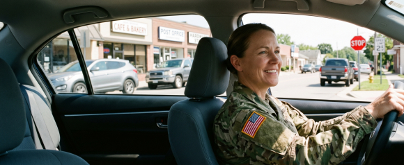 Smiling female soldier in uniform driving a car through a small American town on a sunny day