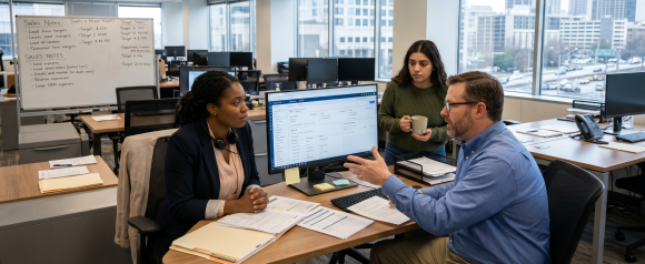 Three sales team members discussing pipeline data around a desk with a CRM dashboard visible on a monitor in a modern office