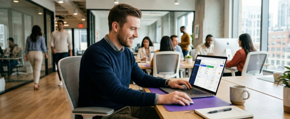 Smiling young professional in a navy sweater using a laptop displaying a CRM software dashboard in a busy modern open office