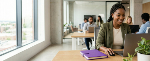 Smiling young professional woman with braids in a green blazer working on a laptop in a bright modern open office with colleagues in the background