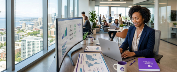 Professional woman in a navy blazer reviewing a global recruitment dashboard on a curved monitor with a world talent map on her desk