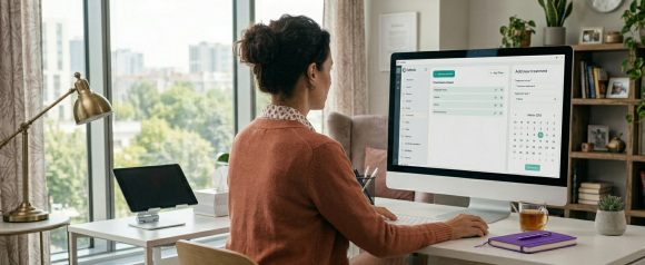Woman at a home office desk using FaMedic health management software displaying a treatments dashboard and calendar on a large desktop monitor