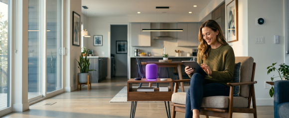 Smiling woman in a green sweater using a tablet in a bright modern smart home living room with a glowing smart speaker on the coffee table