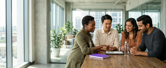 Diverse team of four professionals gathered around a conference table reviewing colorful charts on a tablet during a meeting in a bright modern office