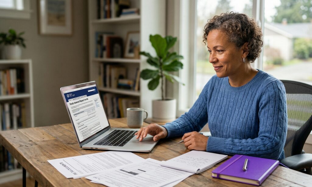 Woman in blue sweater smiling while completing the IRS Penalty Abatement Request Form 843 on the IRS.gov website at her home desk