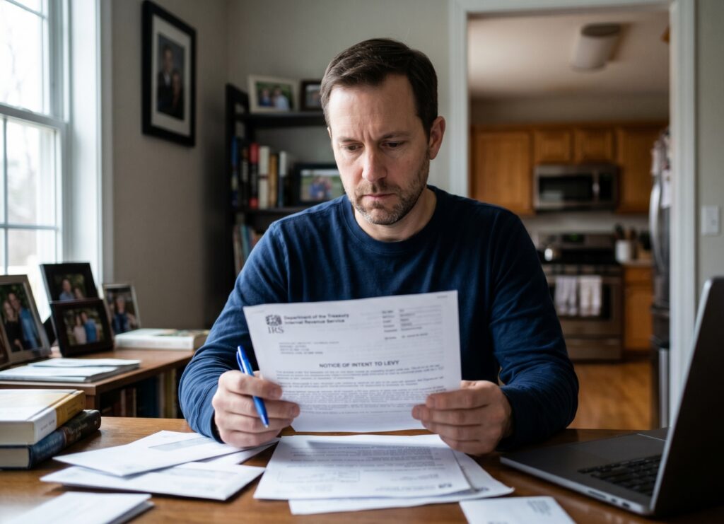Man reading an IRS Notice of Intent to Levy at a home desk with tax documents and a laptop nearby