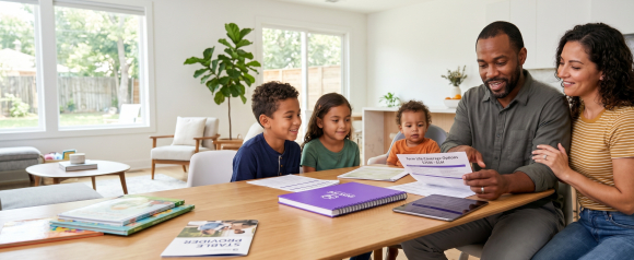 Happy family of five gathered at a dining table as the father reviews a Term Life Coverage Options document showing $250k to $1M in coverage
