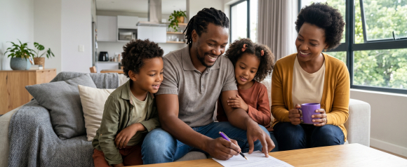 Smiling family of four gathered on a sofa as the father signs a life insurance policy document on the coffee table with his wife and two young children