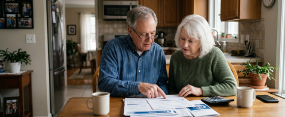 Senior couple sitting together at a kitchen table reviewing Mutual of Omaha insurance documents with a calculator nearby