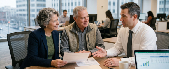 Couple in their late 50s smiling while meeting with a financial advisor at a modern office desk with financial planning documents and a laptop