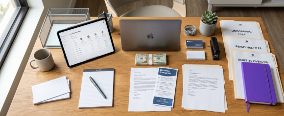 Overhead view of an organized payroll and HR desk with folders labeled Onboarding, Personnel Files, and Benefits Overview alongside signed employment letters, a benefits pamphlet, cash, and a tablet showing candidate profiles
