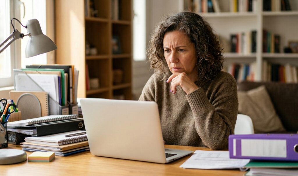 Woman with furrowed brow sitting at cluttered home desk, carefully researching tax relief companies on a laptop