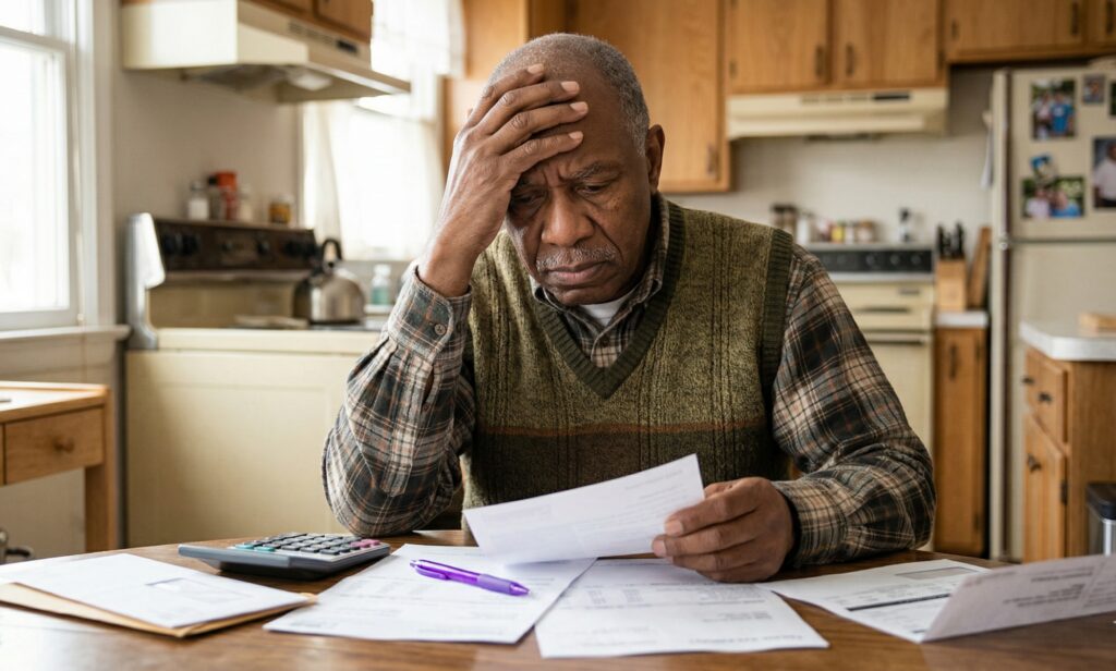 Stressed senior man with his hand on his forehead reviewing credit card bills and financial documents at his kitchen table with a calculator