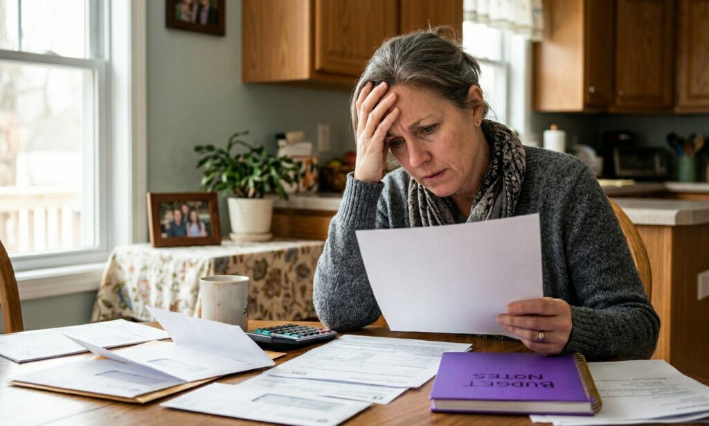 Stressed older woman holding her head while reading an IRS document at a kitchen table covered in tax forms, a calculator, and a Budget Notes notebook