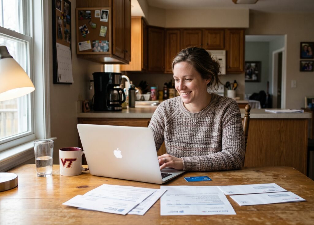 Smiling woman at a kitchen table reviewing credit card statements and bills on a laptop with a Visa card nearby