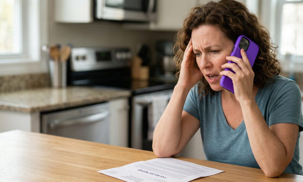 Stressed woman sitting at kitchen counter talking on phone while looking at a Tax Relief Notice document with a worried expression