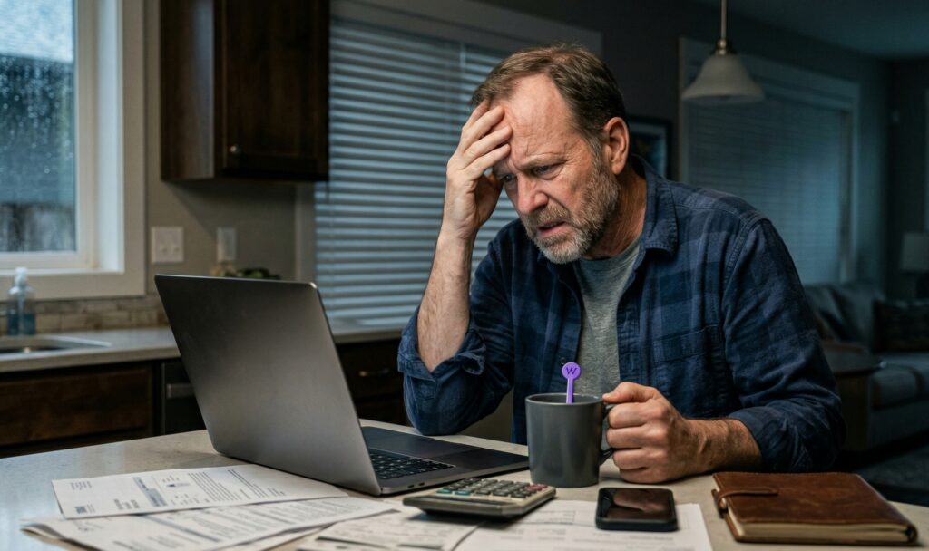 Stressed middle-aged man holding a coffee mug with his hand on his forehead, staring at a laptop surrounded by tax documents and a calculator at his kitchen counter