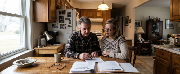 Middle-aged couple sitting together at a kitchen table carefully reviewing term life insurance policy documents