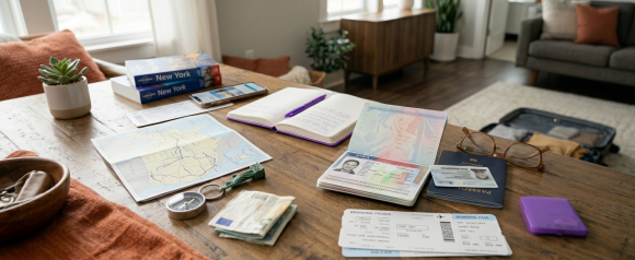 Travel documents including an open passport with a visa, boarding passes, a map, compass, euro cash, and New York guidebooks spread across a wooden table