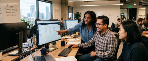 Sales team gathered around a monitor showing the Nutshell CRM pipeline dashboard in a busy open-plan office