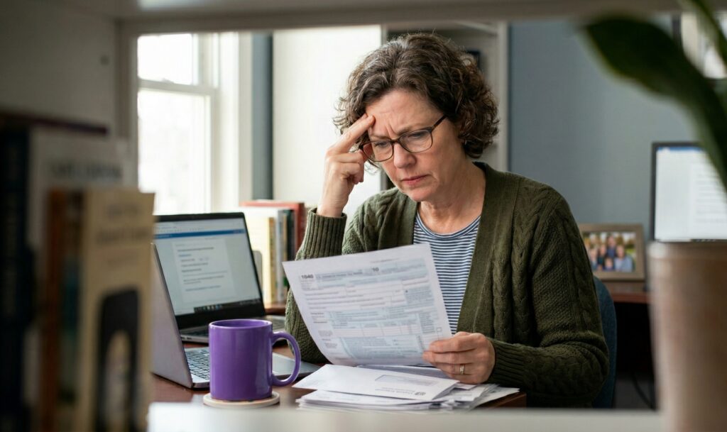 Woman wearing glasses with furrowed brow holding a Form 1040 at her home desk, with a laptop and stack of mail nearby