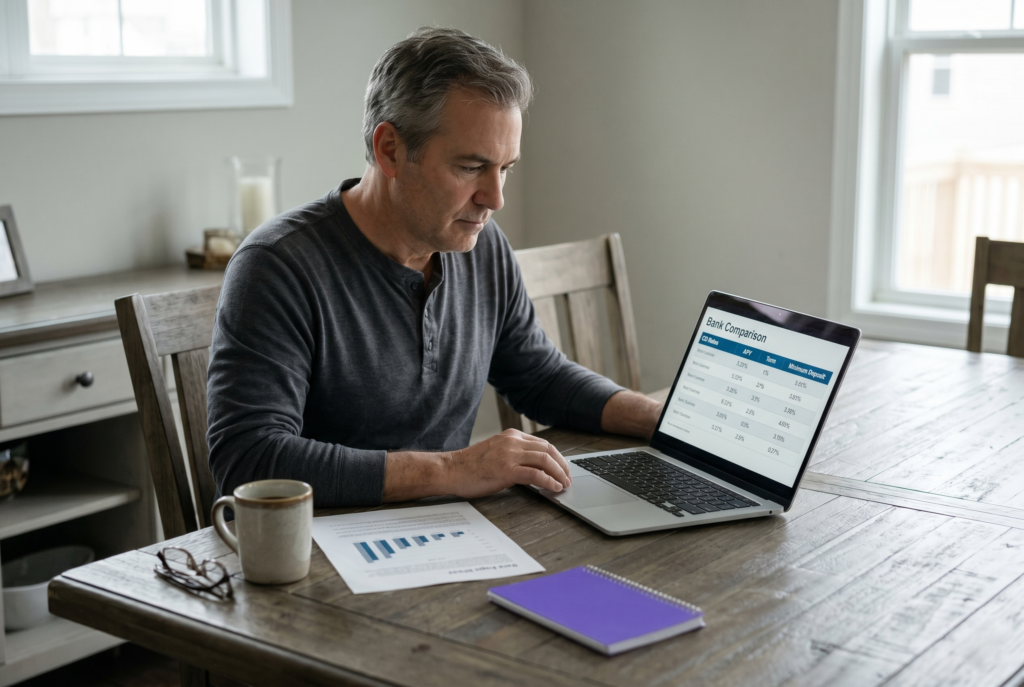 Man at his dining table comparing CD rates by APY and term on a laptop after the Fed's June rate decision
