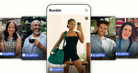 Smartphone showing a Bumble profile with the ID verified badge, surrounded by several other verified member profile cards