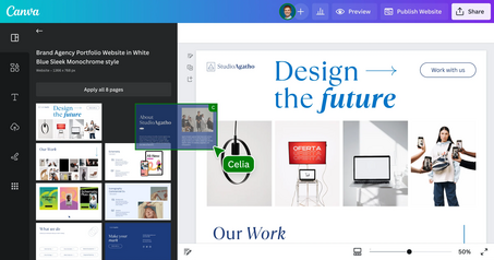 Canva website builder editor showing a brand agency portfolio template with a 
