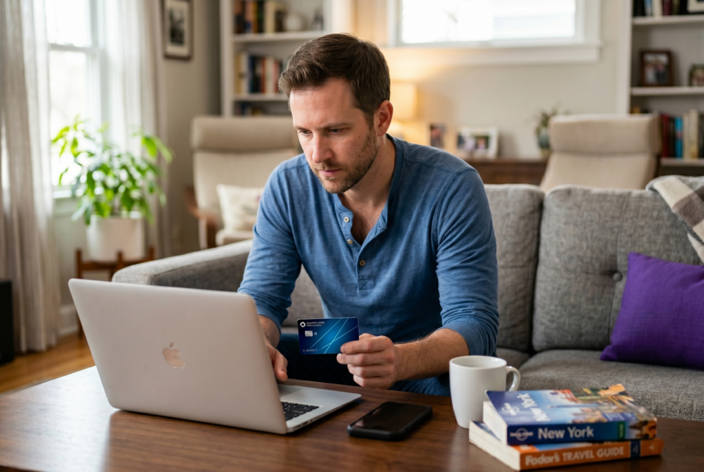 Man booking a hotel on a laptop while holding a credit card, comparing travel rewards card options at home