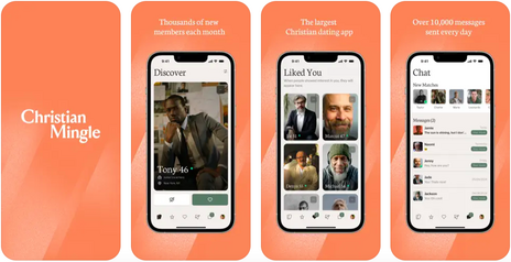 Three smartphones showing the Christian Mingle app, including the Discover, Liked You, and Chat screens