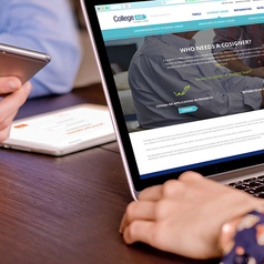 Laptop displaying the College Ave Student Loans website cosigner page while a person browses on a tablet nearby