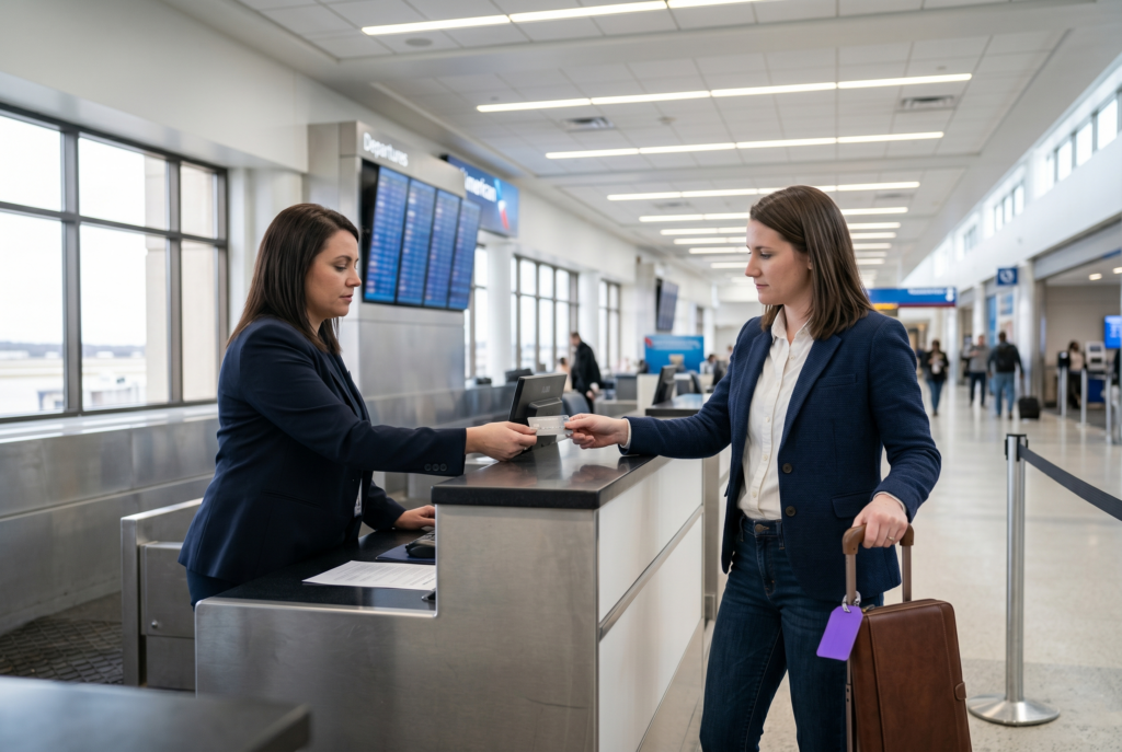 A traveler hands a credit card to an airline agent at an airport departures check-in counter to earn airline miles.